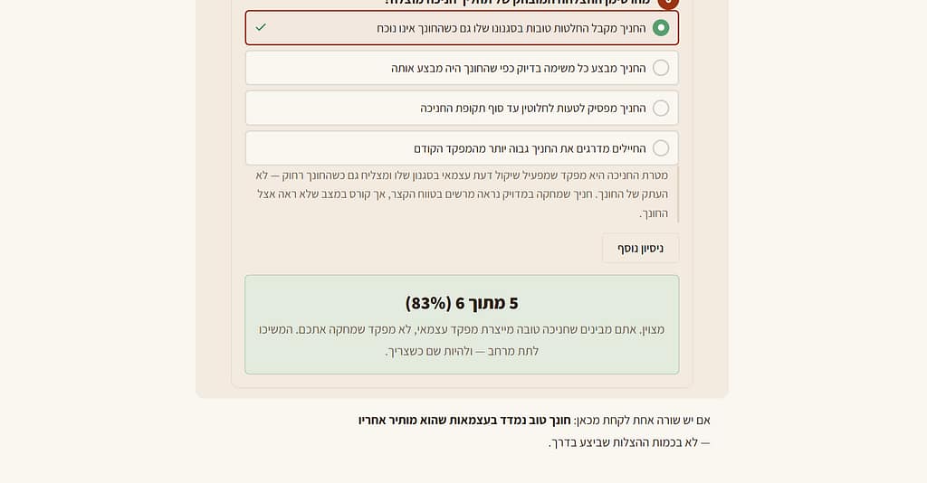 מסך תוצאות במבדק אינטראקטיבי המציג תשובה נכונה וציון של 83 אחוז
